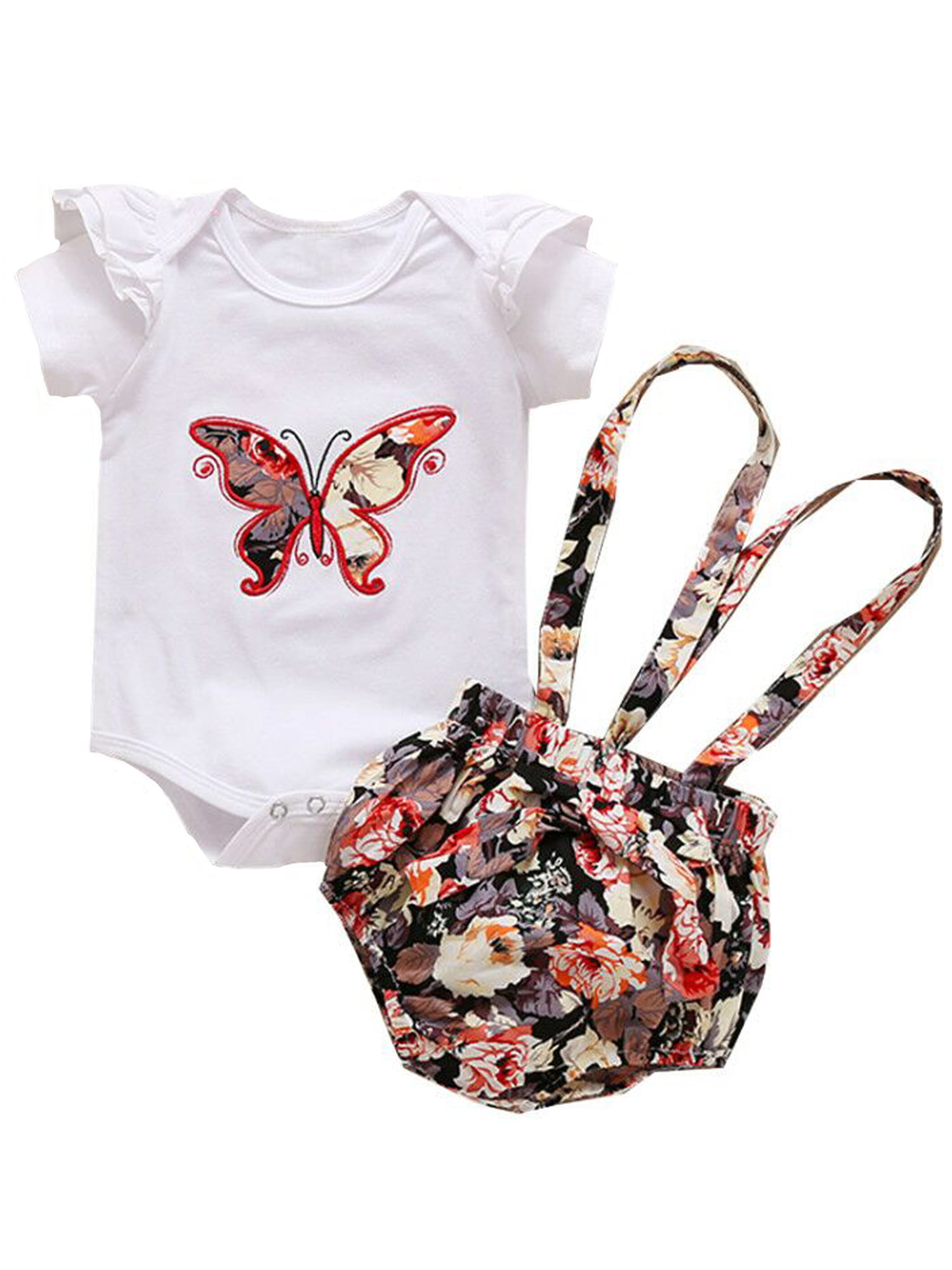 Newborn Infant Baby Girls Butterfly Print Short Sleeve Romper Suspender Skirt Clothes 