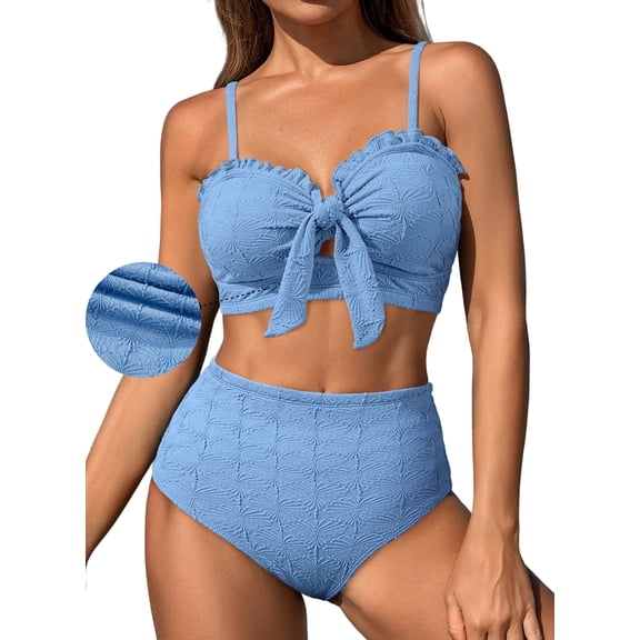 DOKOTOO Bikini Sets for Women High Waisted Seashell Textured 2 Piece Swimsuits Knotted Front Bathing Suits