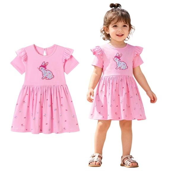 Toddler Girl Easter Dress Ruffle Short Sleeve Bunny Print Dress Crew Neck Mini Dress Girls Casual Dress Girls Dresses 3-4 Years