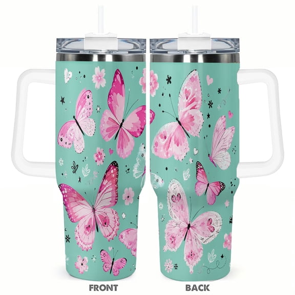 40oz Pink Butterfly Heart Floral Insulated Tumbler with Handle and Straw Travel Cup Car Cup