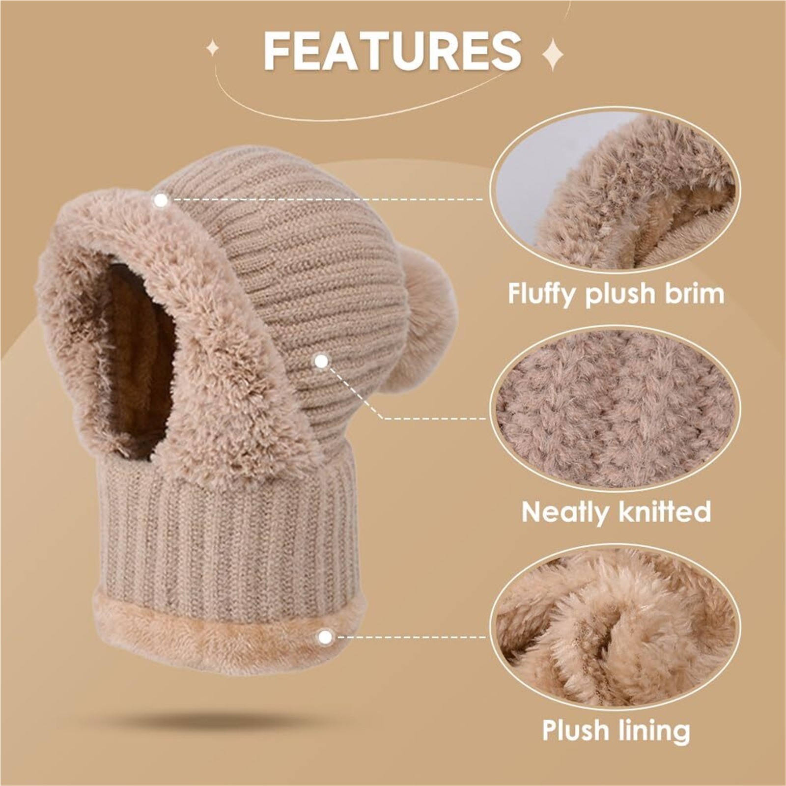 3 in 1 Beanie Hat for Women, Winter Warm Knitted Balaclava Scarf with Face Cover, Windproof Fleece Lined Ski Snow Hat
