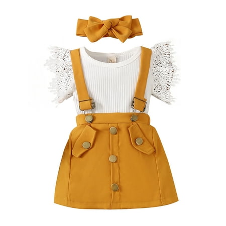 

uukiA Infant Baby Girls 0-12M Lace Puff Sleeve Headband Top Sling Dress Hairband Three Piece Set Skirt Suit