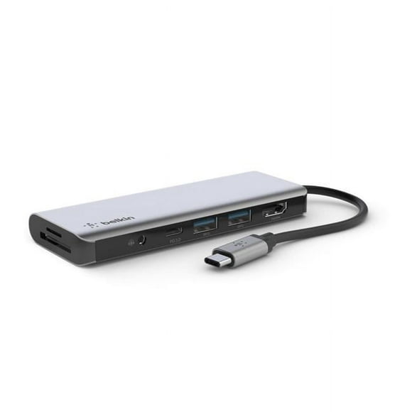 Belkin USB-C Hub, 7-in-1 MultiPort Docking Station - USB-C Docking Station for MacBook & Windows - 85W USB-C Power Delivery 3.0, 4K HDMI 1.4,2x USB-A 3.0, SD 3.0,Micro SD 3.0, & 3.5mm Audio Jack, Gray