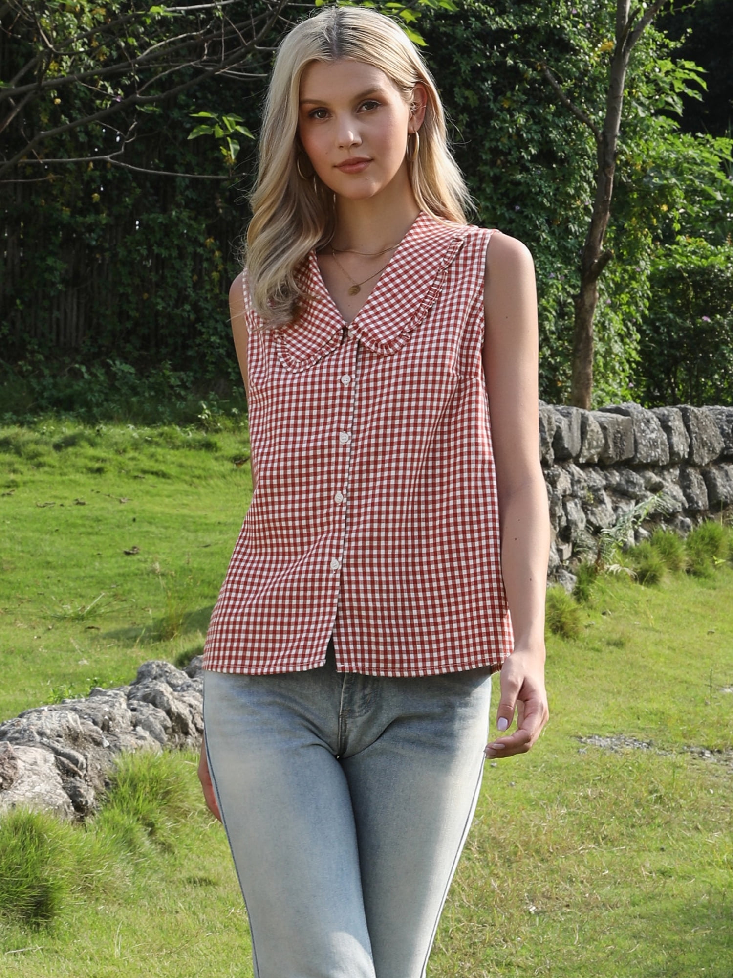 DARING DIVA Women's Gingham Sleeveless Tops Peter Pan Collar Ruffled Trim Blouse L Red