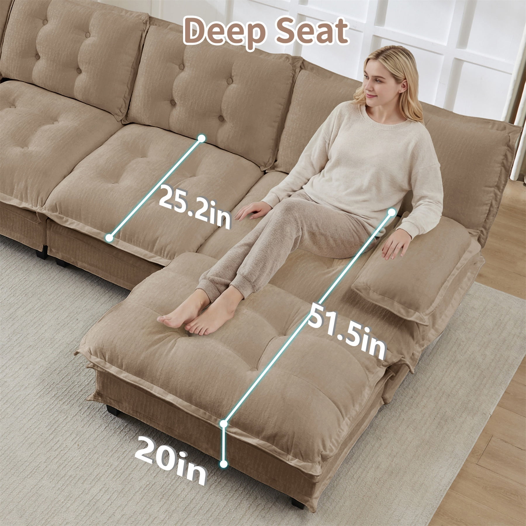 Alvantor U-Shaped Sectional Sofa 3-Seater Cloud Couch for Living Room, Easy Assembly Light coffee
