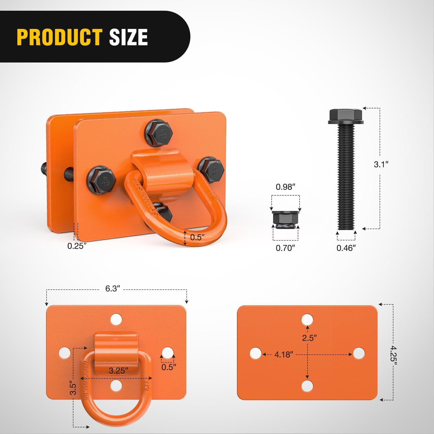 Nilight 2Pcs 1/2" D Rings for Trailers Heavy Duty Trailer Tie Down Rings, Grade 70 Forged Steel Bolt-On Grab with Back Plates for Tractor Bucket RV UTV Truck MBS 12000 lbs, Orange