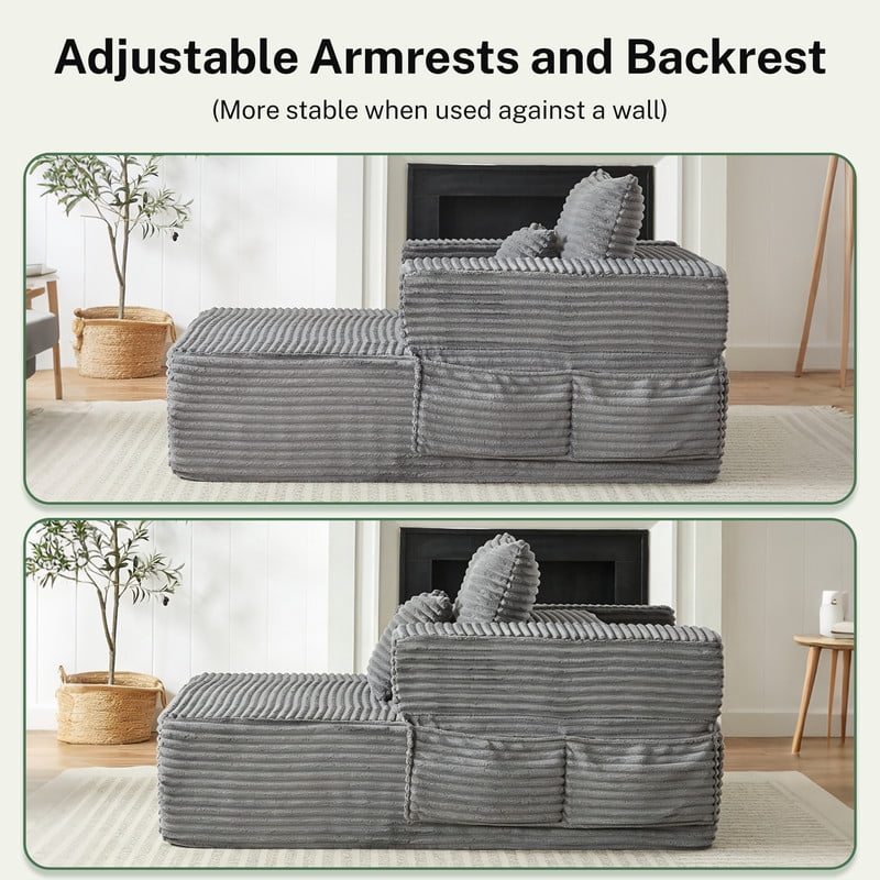 Single-Seater Upholstered Lazy Sofa, Floor Lounge Chair with Back Cushion & Throw Pillow, Oversized Chaise Lounge with Pockets