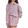 thumbnail image 5 of JULMCOMO 2 Piece Sets for Women Striped Button Down Long Sleeve Shirts Drawstring Wide Leg Summer Shorts Cruise Lounge Outfits Red S, 5 of 7