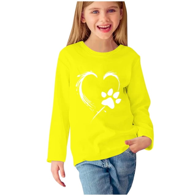 Huvoen T-Shirt de Base à Manches Longues pour Filles, Superposition, Blouses et Chemises à Manches Longues à Col Rond pour Filles, Chemises à Manches Longues à Imprimés, Jolis Chandails Ras du Cou, Hauts, Blouses Habillées Décontractées, Vêtements, Jaune, 5 Ans