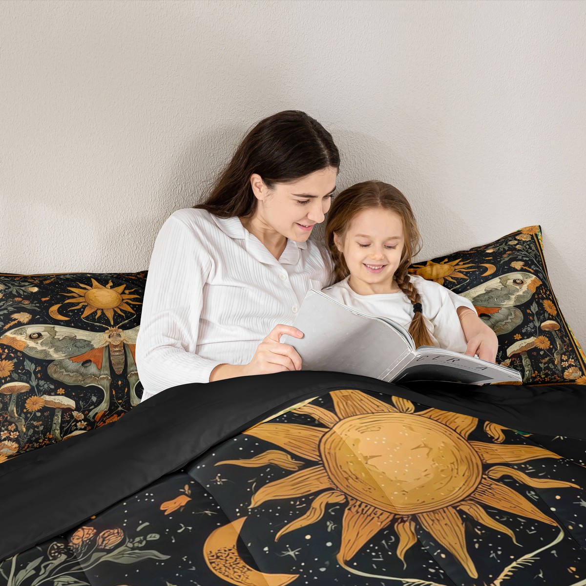jejeloiu Retro Boho Moth Bedding Comforter Set 7pcs,Gothic Theme Queen Bedding Sets,Rustic Mushroom Queen Sheet Sets For Teens,Super Cozy Room Decor Reversible
