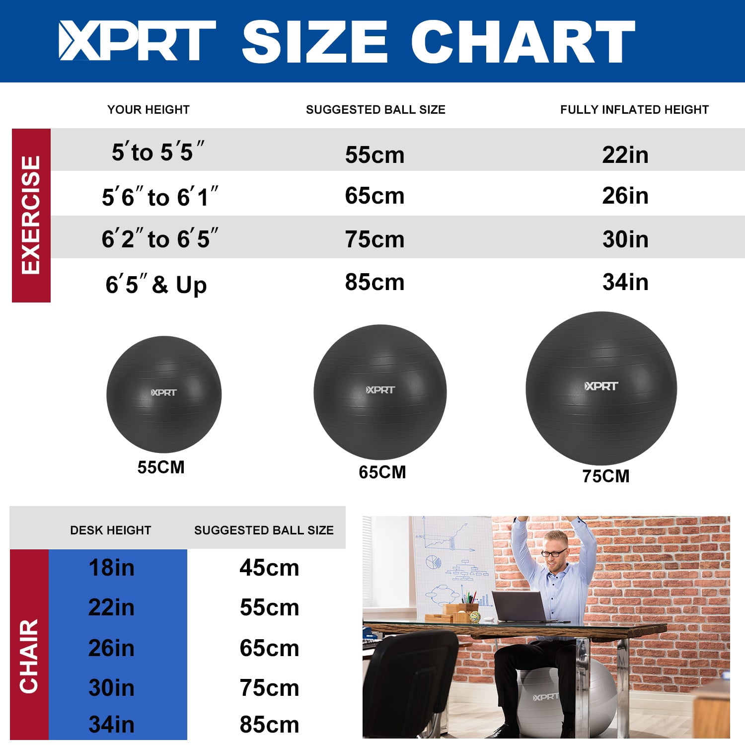 XPRT Fitness 55 cm Black Exercise Ball, Heavy-Duty Anti-Burst Yoga Stability Ball with Foot Pump for Office and Home Use
