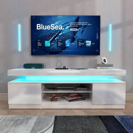 JOIVI LED TV Stand with Power Outlets, Modern High Gloss Entertainment Center for TVs Up to 75", TV Media Console with Storage, White