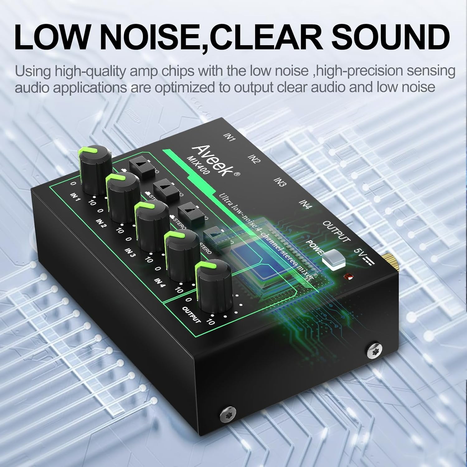 Aveek 4 Channel Mixer - Mini 4 Stereo Audio Mixer, Low-Noise for Precision Sub-Mixing,1/4" TRS Input/Output Ideal for Mics/Guitars/Bass/Stage