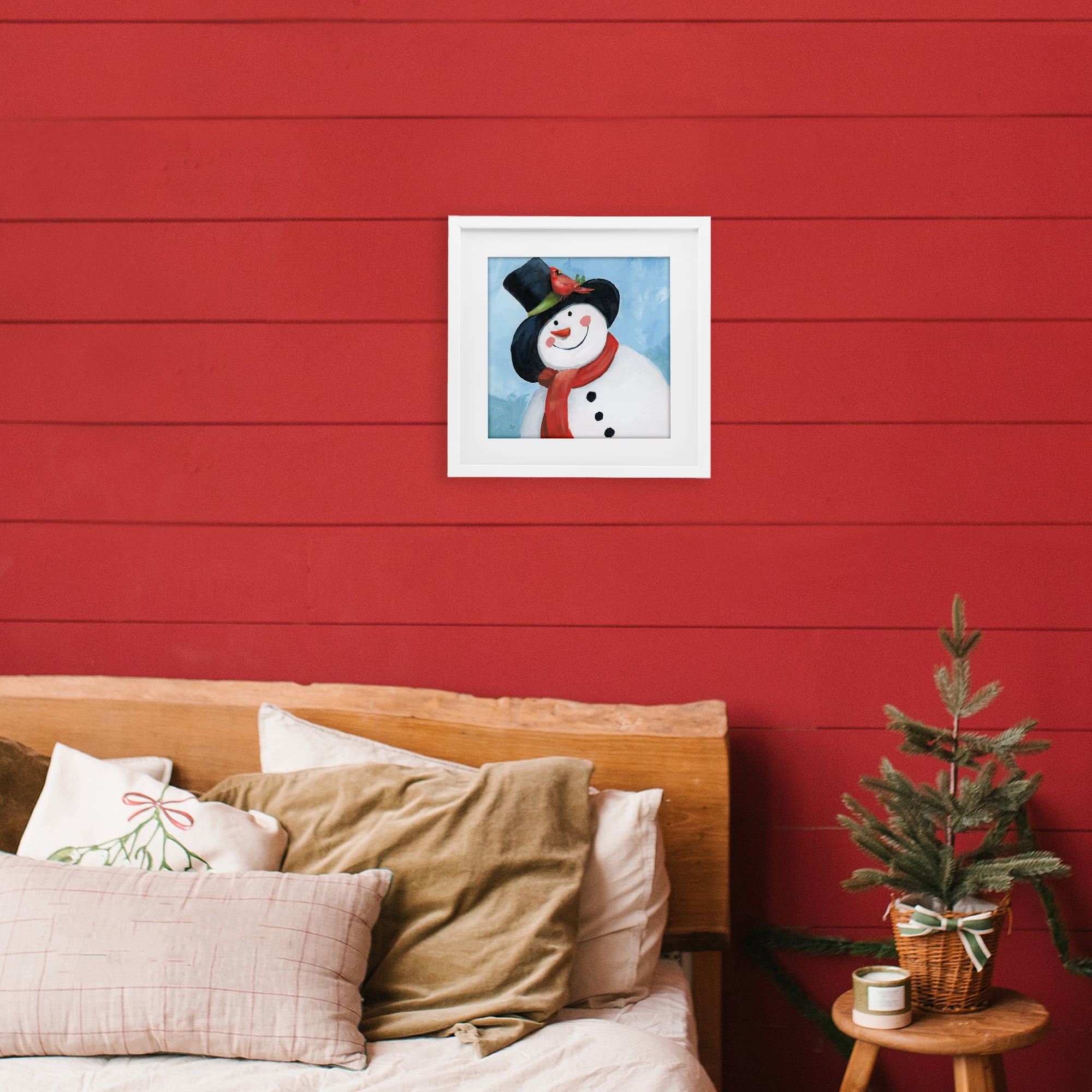 Stupell Industries Cheerful Snowman with Cardinal White Framed Print Under Glass, design by Nan