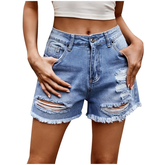 Women's High-Waisted Jeans Shorts Frayed Raw Hem Ripped Summer Relaxed Fit Distressed Denim Shorts with Pockets