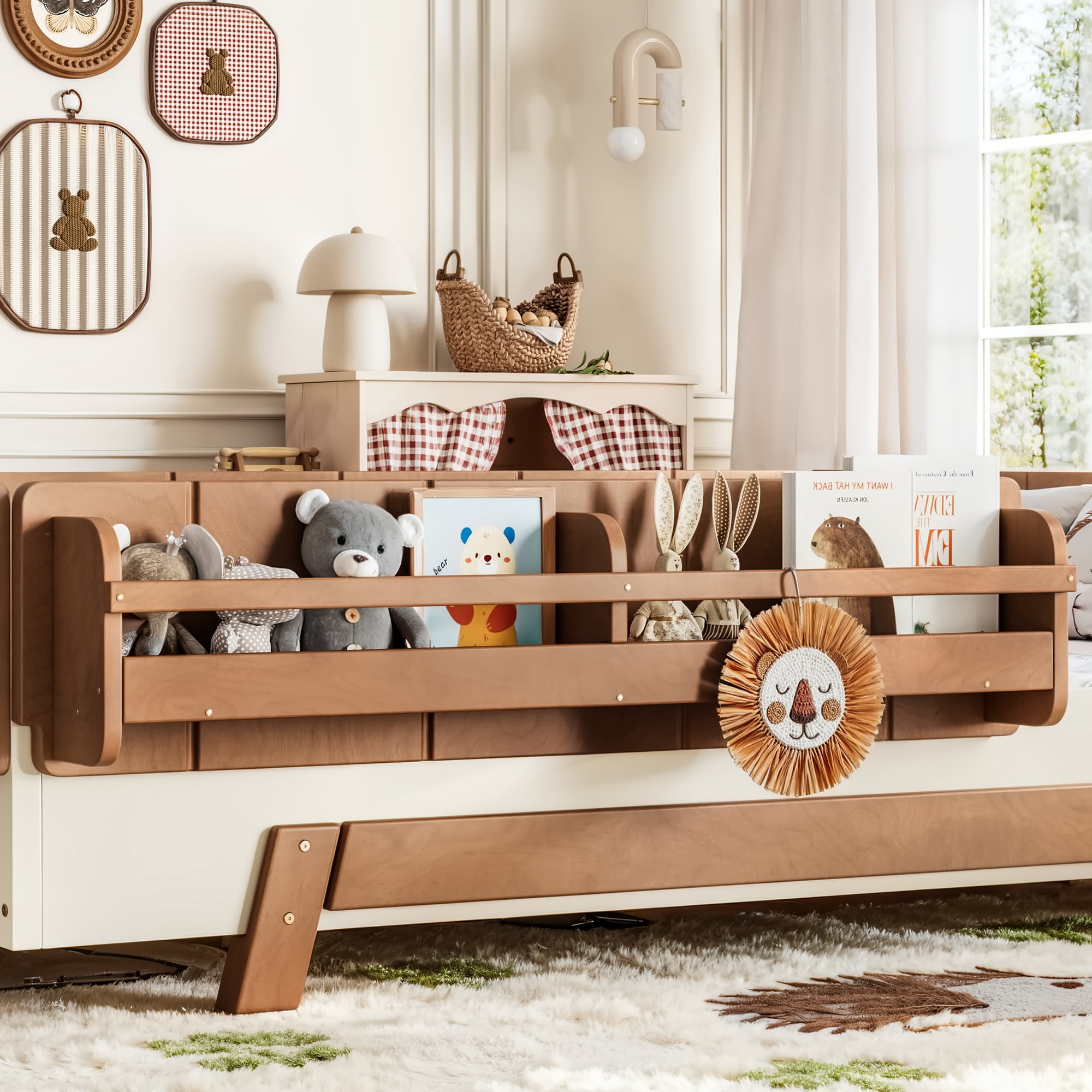 Mintazer Full Size Montessori Floor Bed Frame, Kids Puzzle Block Design Platform Bed with Guardrails & Bookshelf for Bedroom, Brown & Beige