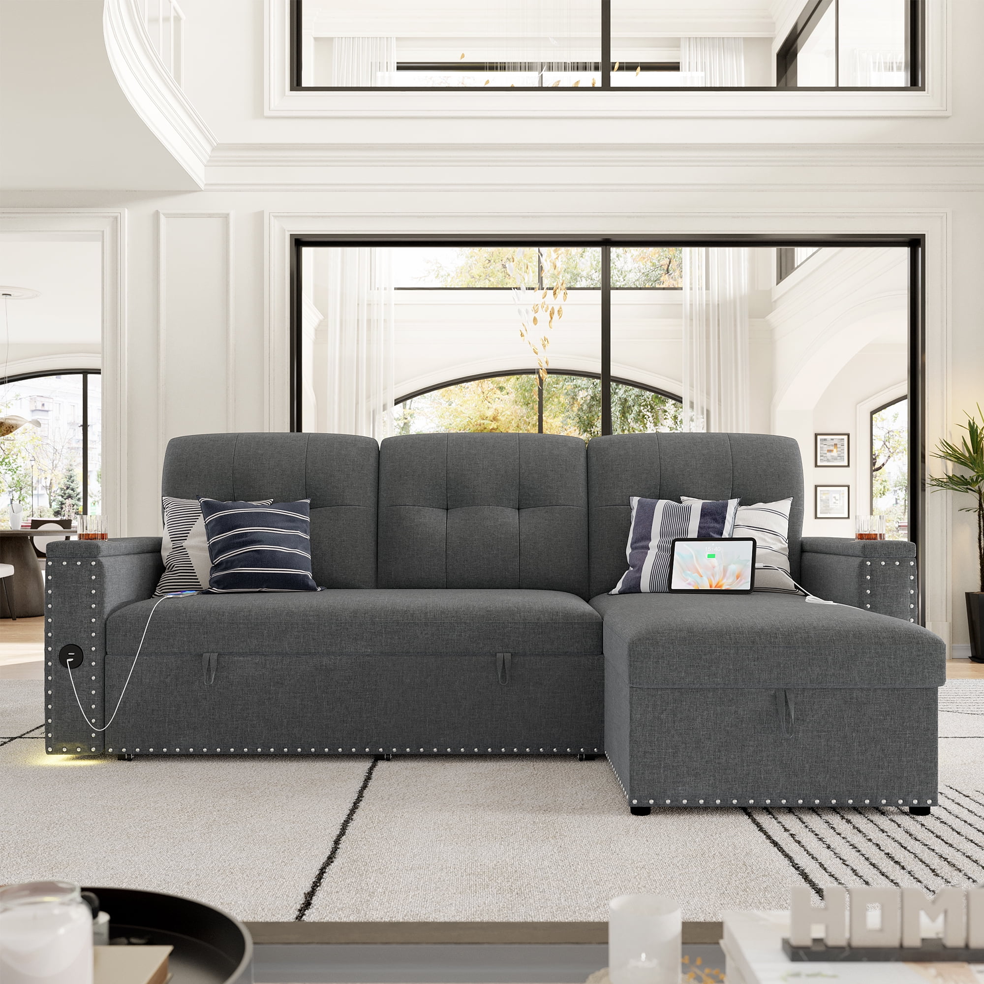 Homfa Gray Sofa Bed with Storage & USB Charging Port, L Shaped Sofa Bed Couches with Storage & Pull out Bed for Living Room