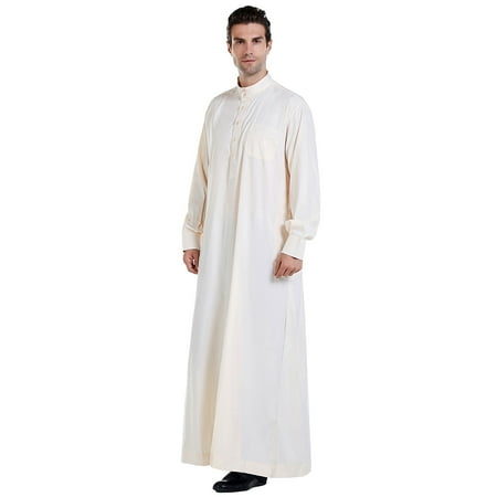 

Middle Solid Men s Arab Stand Collar Robe Color Clothes Clothes for Women Set Beige