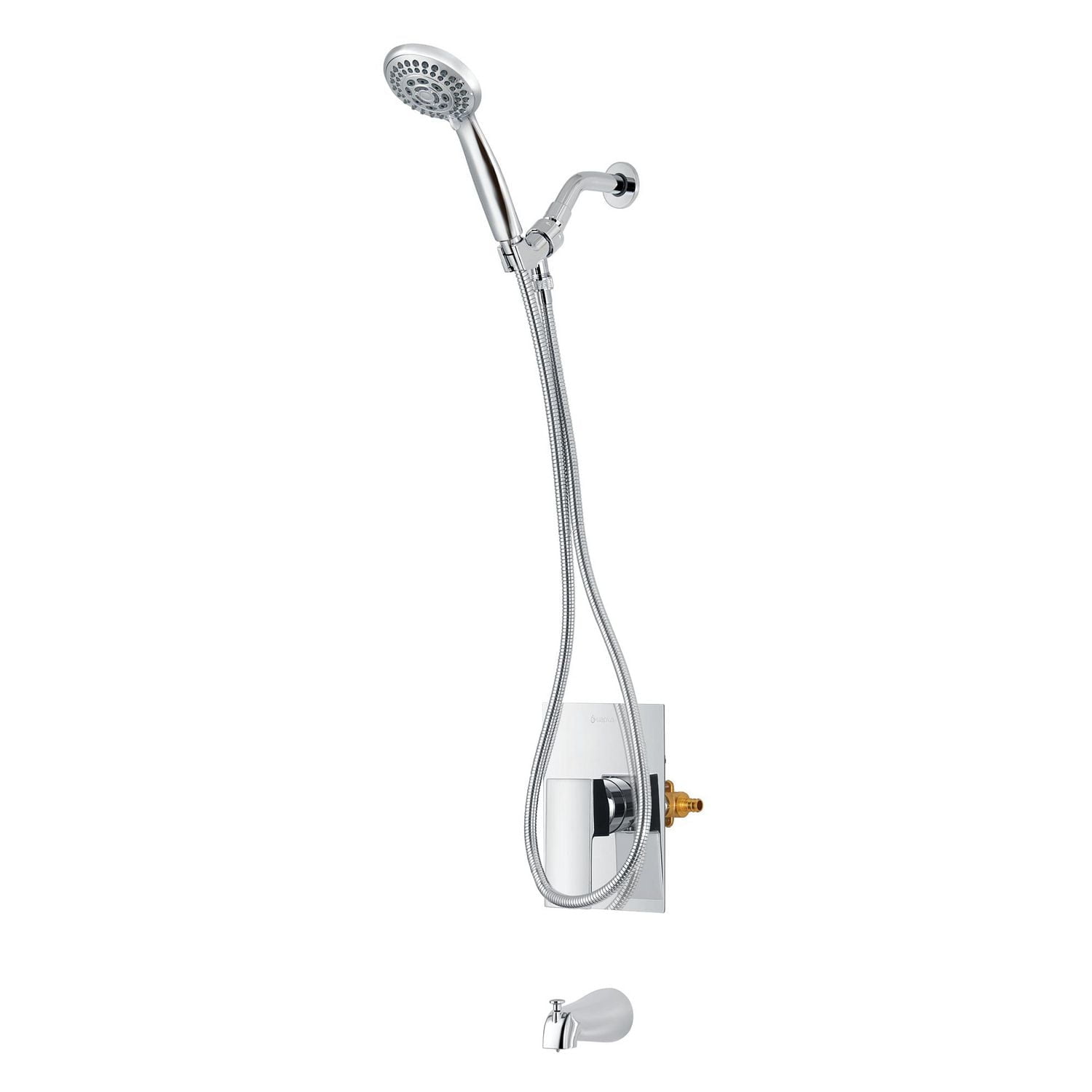 The akuaplus® - INA pressure balance valve faucet 1/2 in. PEX connection with hand shower 5 setting and spout 5 1/4 in. x 1/2 in. slip-fit. Chrome finish