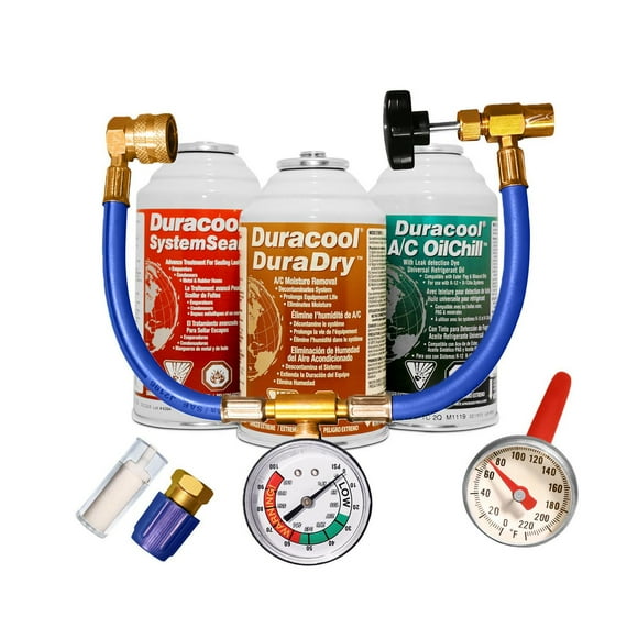 Kit de mise au point et d'étanchéité professionnel Duracool® 12a/134a pour systèmes de climatisation mobiles. Contient 1 canette SystemSeal, 1 canette DuraDry, 1 canette OilChill, tuyau de charge avec