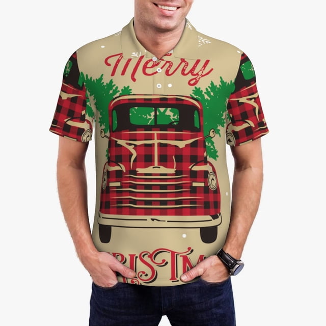 Balery Christmas Vintage Red Truck Camisa Polo de Hombre con Estampado, de Manga Corta y Tejido Medio, Camisa Tipo Golf Polo-Large