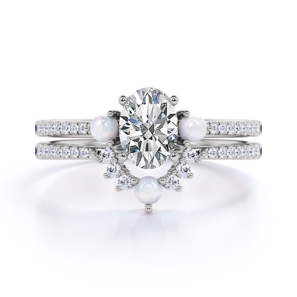 Jeenmata White Sapphire Wedding Set 1 5 Ct Oval Created White Sapphire Vintage 3 Stone Engagement Ring 10k Rose Gold Walmart Com Walmart Com