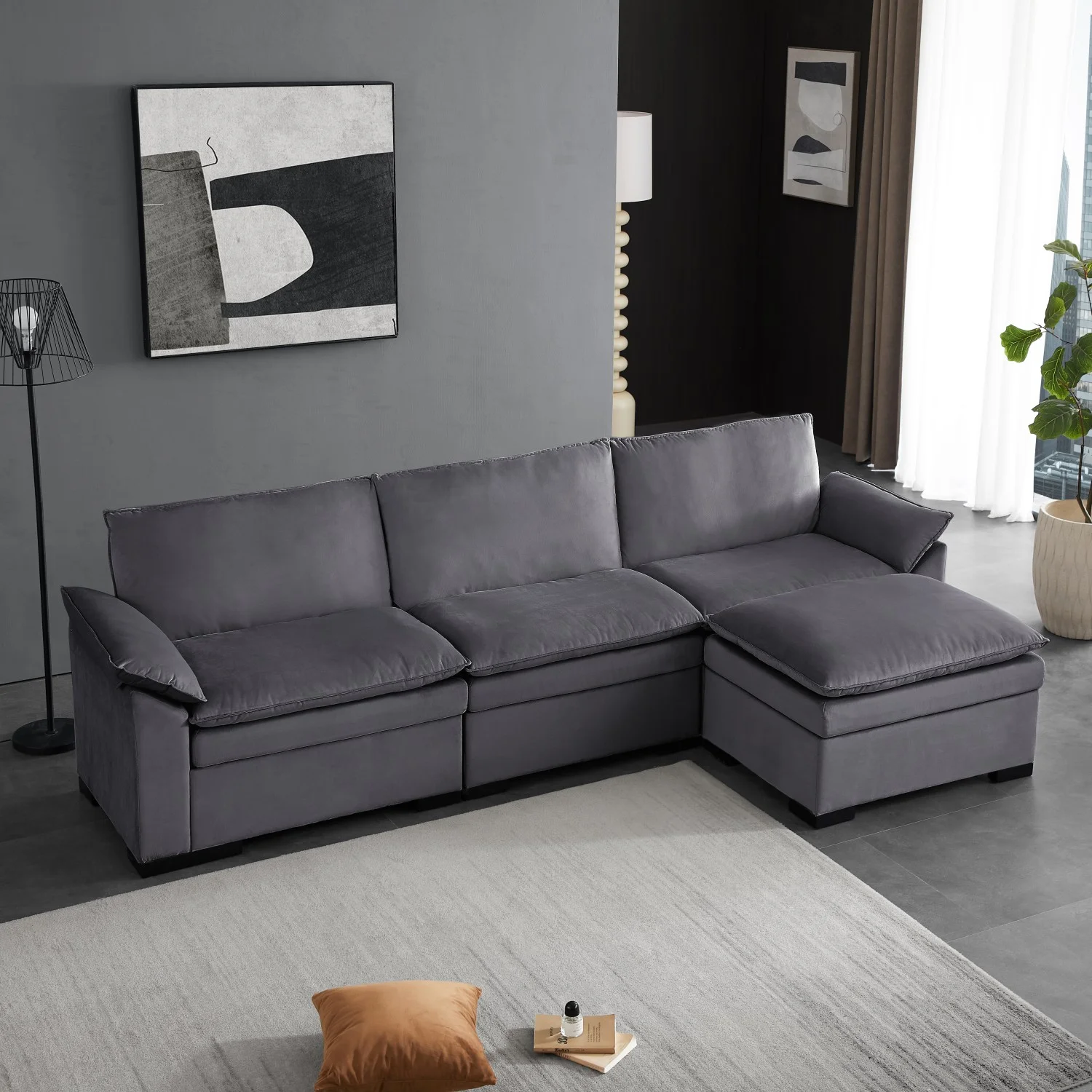 Gewnee 117.7" L - Shaped Velvet Modular Ultra Deep Seat Sectional Sofa, Super Comfy 3 -Seater with 1 Ottomans for Living Room