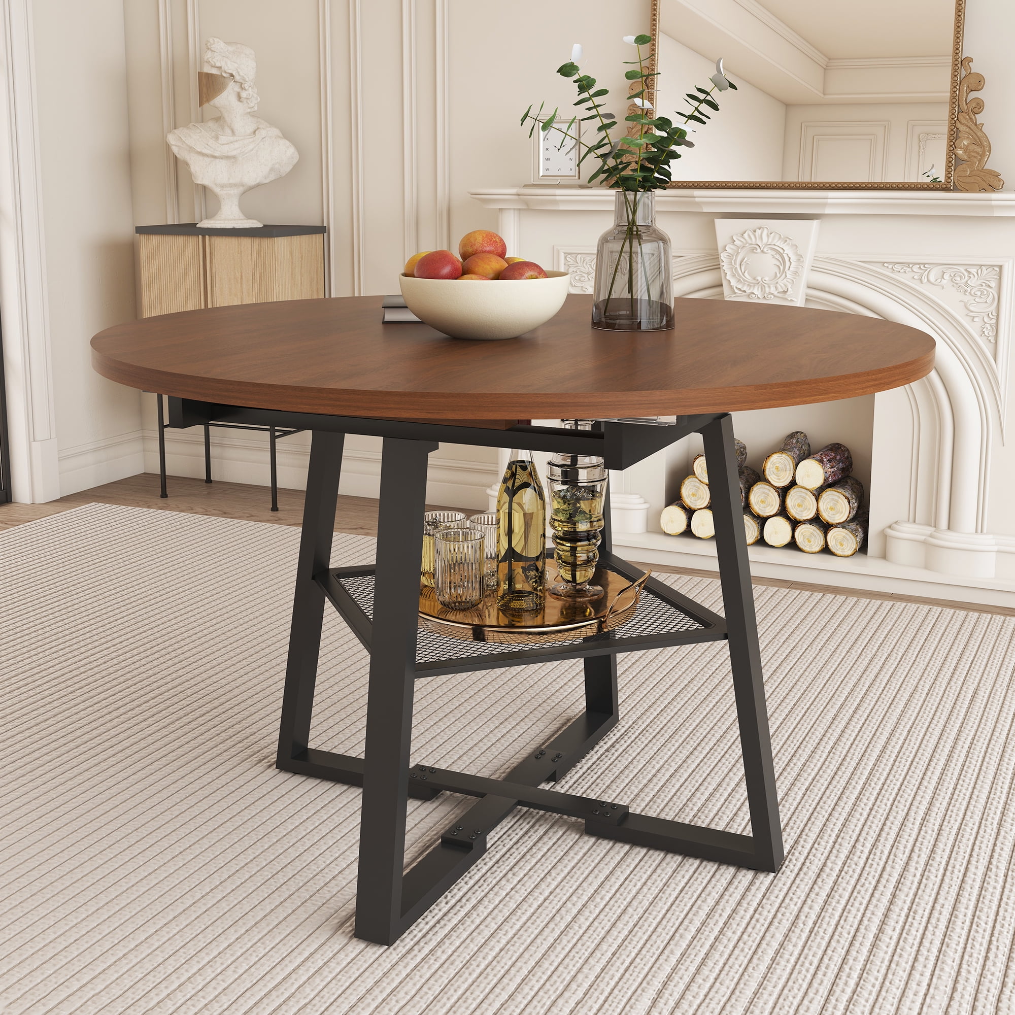 Extendable Dining Table, 47-59 Inch Round Table with Open Wire Grid Shelf and Metal Frame, Multi-Functional Design for Dining Room, Walnut Finish