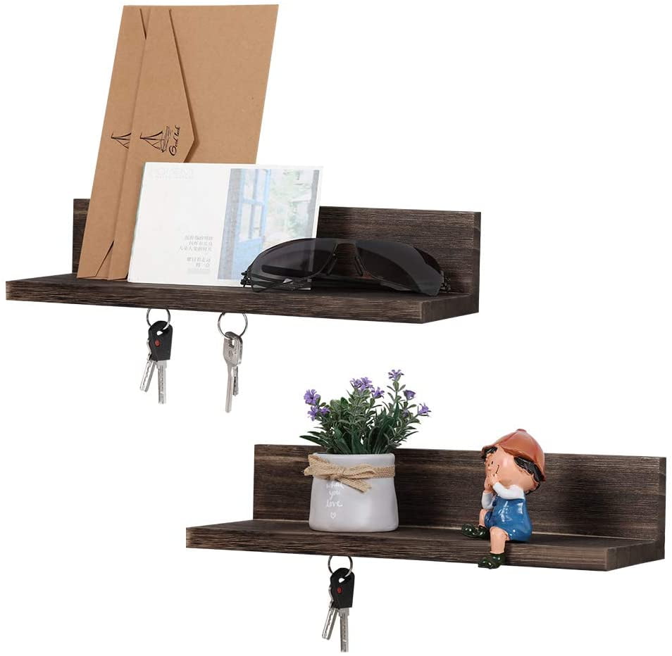 LIANTRAL Key Holder for Wall Wood Shelf Organizer Set of 2 Dark Brown