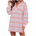 thumbnail image 4 of Womens Striped Mini Dress V-Neck Lapel Collar Long Sleeve Shirt Dress Trendy Casual Comfy Loose Clothes Pink XXL, 4 of 7