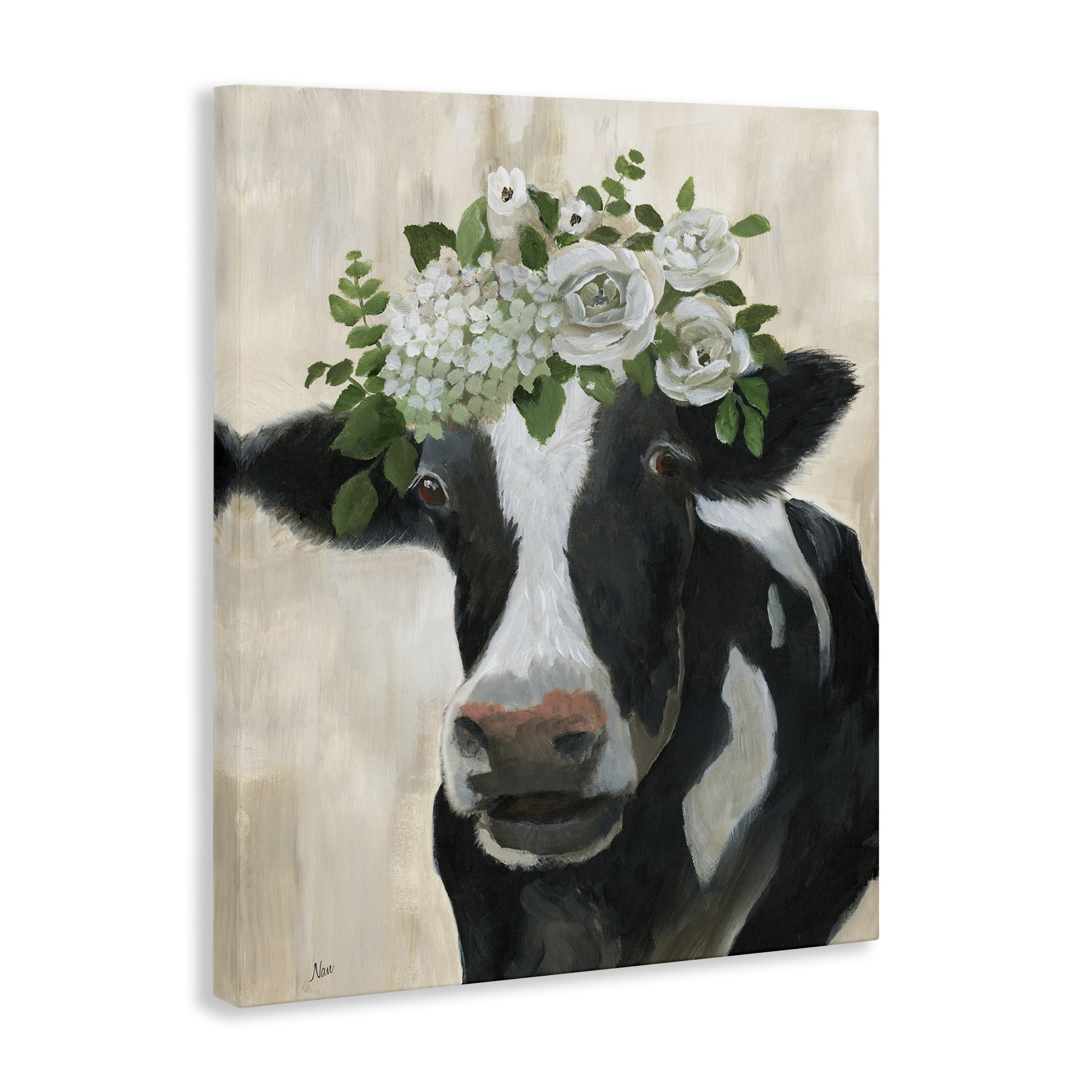 Stupell Industries Floral Crown Cow Animals & Insects Painting Gallery Wrapped Canvas Art Print Wall Art, 30 x 40