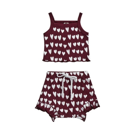 

Canrulo Newborn Baby Girls Love Heart Ribbed Sling Tank Top and Shorts Outfit Summer Clothes Burgundy 0-6 Months