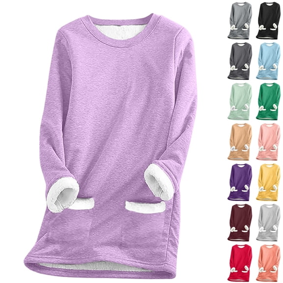 Dezsed Women's Winter Warm Sherpa Lined Fleece Crewneck Sweatshirt Thickened Plush Warm Long Sleeve Pullover Loungewear Tunic Tops with Pockets Light Purple XXXL