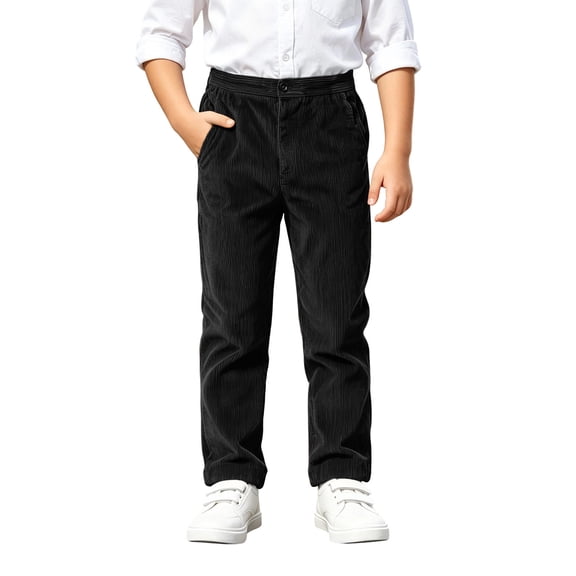 CYRBOKO Corduroy Pants for Boys, Casual Elastic Waist Comfy Relaxed Fit School Uniform Pants Black Size 10-12 T