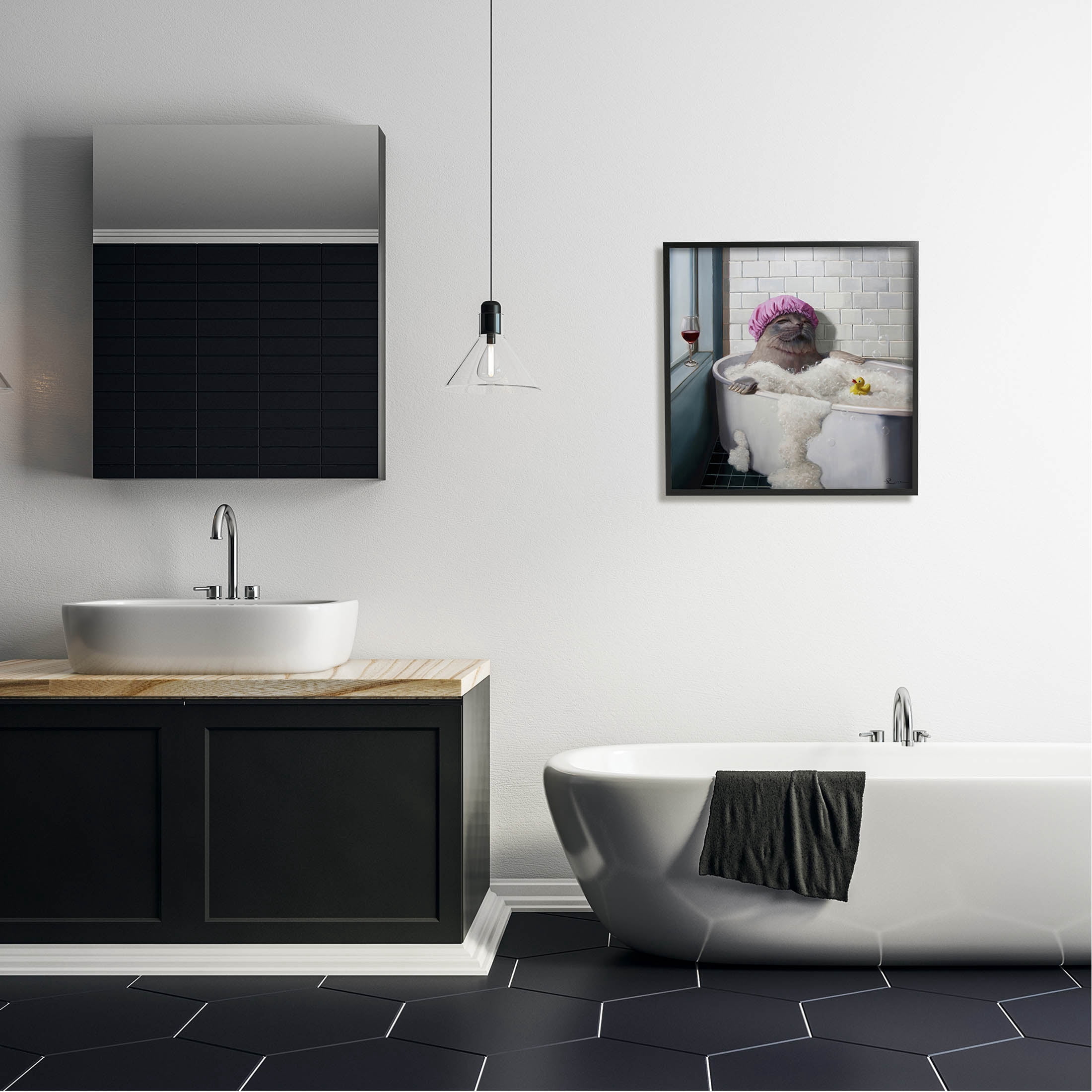 Relaxing Seal Bathtub Wine Glass Animals & Insects Graphic Art Black Framed Art Print Wall Art