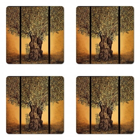 

Tree of Life Coaster Set of 4 Triptych of Old Mature Olive Tree Mediterranean Greece Style Nature Graphic Square Hardboard Gloss Coasters Standard Size Multicolor by Ambesonne