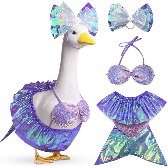Porch Goose Outfit with Mermaid Sequins Bikini Iridescent Bow Headband Skirt Costume for 23 Inch Cement Goose Statue Decor