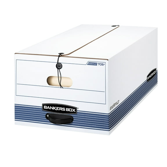 Bankers Box® Stor/File™ 60% Recycled Storage Boxes, String & Button, 24" x 15" x 10", Legal, White/Blue, Pack Of 12
