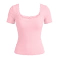 thumbnail image 4 of CUSTG Women Casual T-Shirts Simple Solid Color Short Sleeve Summer T Shirt With Satin Trim Collar For Fit Soft Lightweight Knit Tops Stylish Dailywear, 4 of 4