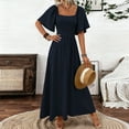 thumbnail image 2 of CharmCyan Women Square Neck Short Sleeve Maxi Dress Elegant Loose Fit Flowy Long Dress Summer Casual Solid A Line Sundress Navy S, 2 of 5