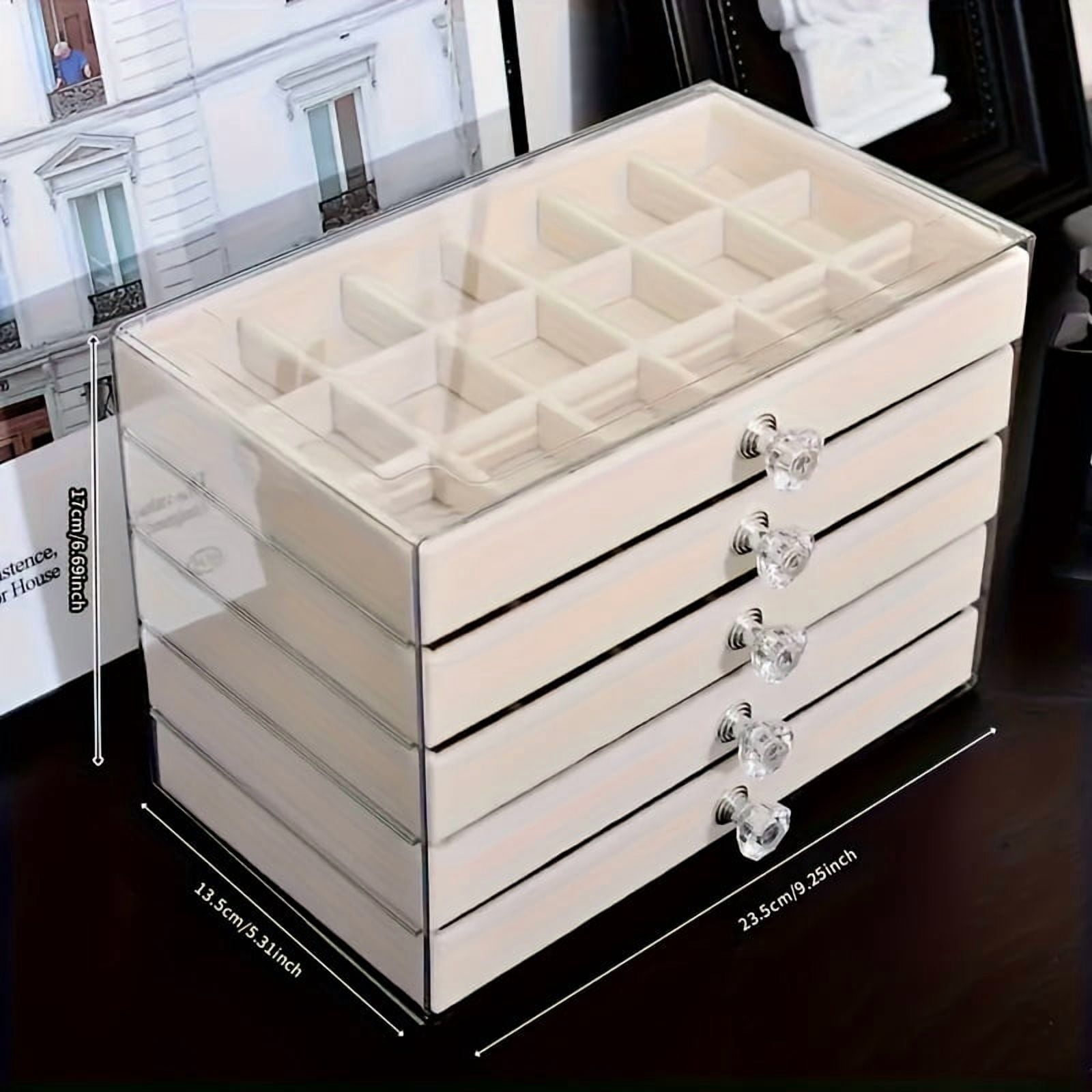 5 Drawer Jewelry Organizer Box, 90 Compartments Large Capacity Storage Case with Divided Drawers Velvet Lining, Jewelry Display Chest for Earrings Rings Necklaces Home Storage