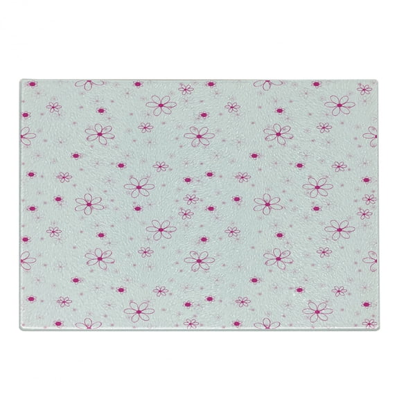 Cartoon Cutting Board, Pattern with Flowers Simple Classic Art Springtime Garden Cheerful, Decorative Tempered Glass Cutting and Serving Board, Small Size, Magenta Fuchsia White, by Ambesonne