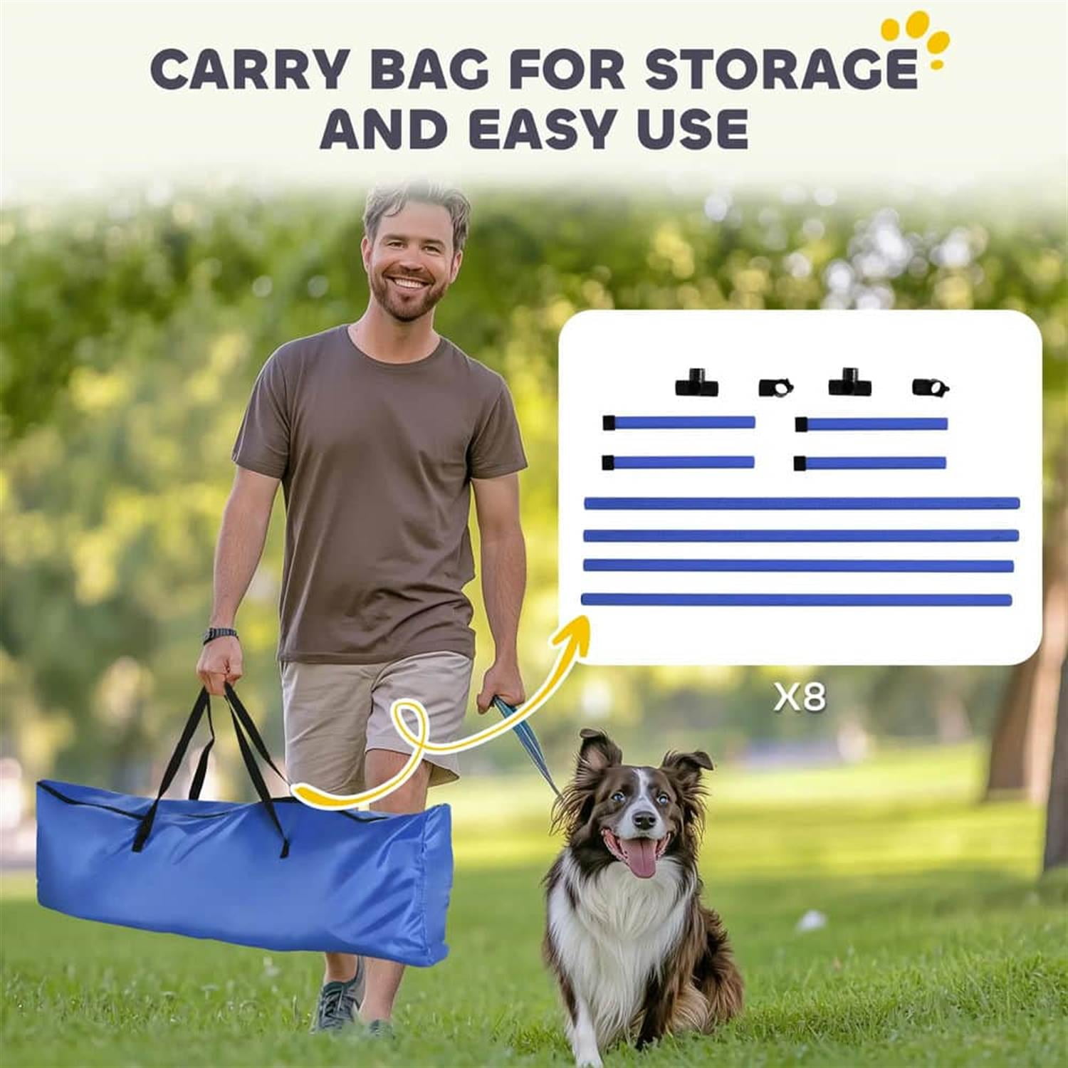 Kadyn 8-Piece Dog Agility Set with Height-Adjustable Bars, Portable Bag, Replacement Top Bar for Dog Training, Pet Agility, Blue