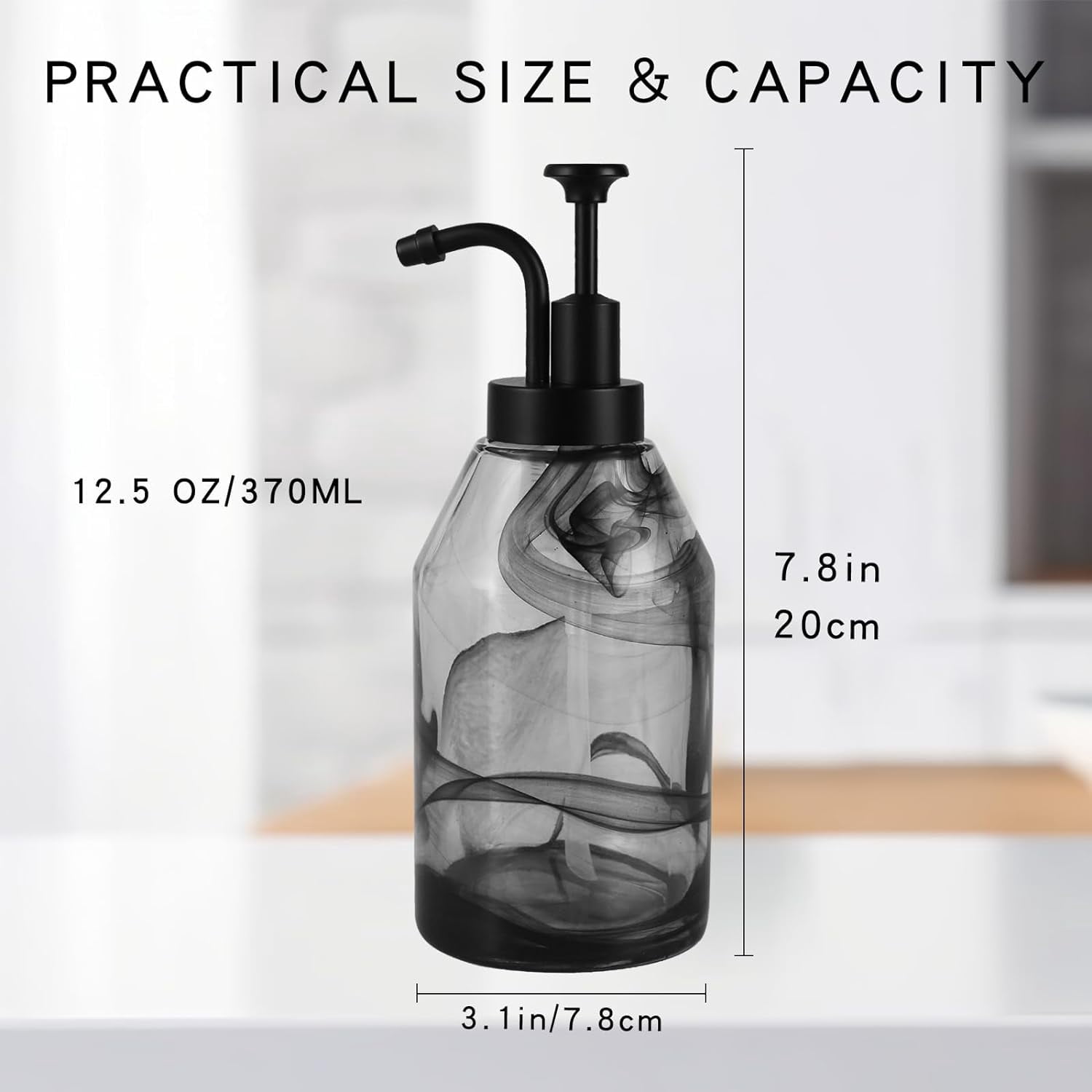 Glass Soap Dispenser for Kitchen and Bathroom Counter, 12.5 Oz Unique Black Smog Thick Glass Hand Soap Bottle with Smooth Action Rust-Free ABS Pump, Dish Soap,Lotion Liquid (Black)