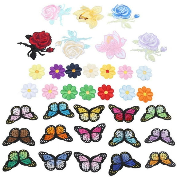 36 PCS Butterfly Flowers Iron on Patches Colorful Sew on Appliques Embroidery Badge Logo Patch Applique Roses DIY Crafts