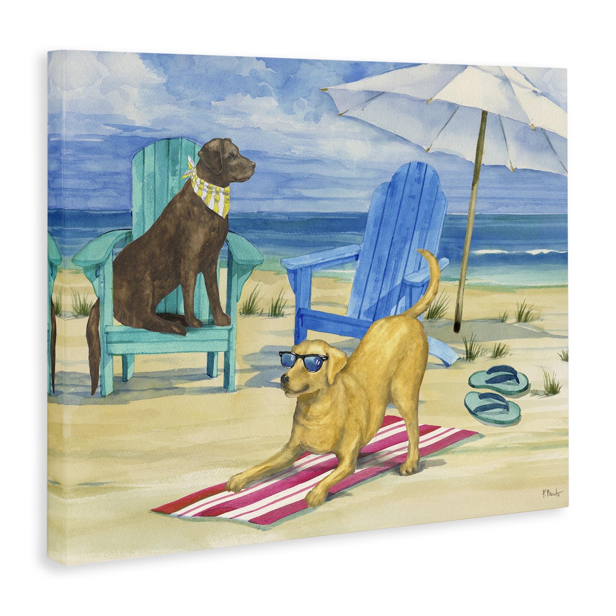 Stupell Industries Dogs on Beach Towel Animals & Insects Painting Gallery Wrapped Canvas Art Print Wall Art, 48 x 36