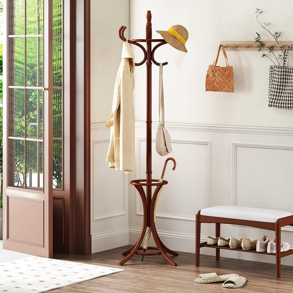 Coat Rack with Umbrella Holder, 73 Inch Freestanding Coat Hanger Stand with 12 Hooks, Wooden Entryway Coat Tree for Clothes, Bags, Hats, Scarves, Living Room, Bedroom, Hallway (Reddish Brown)