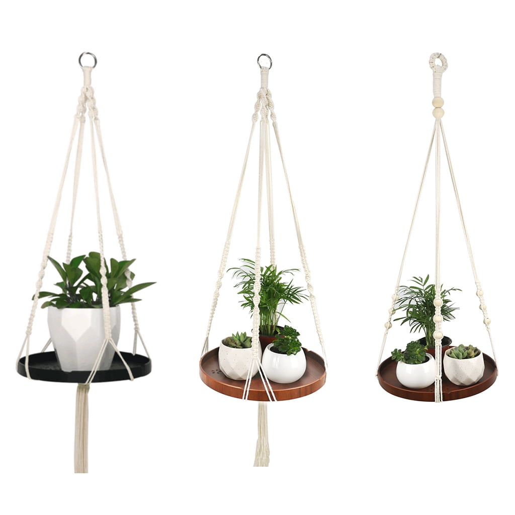 Macrame Plant Hanger Indoor Hanging Planter Shelf Rack Decorative Flower Pot Holder Cotton Rope with Wood Plate Boho Home Decor