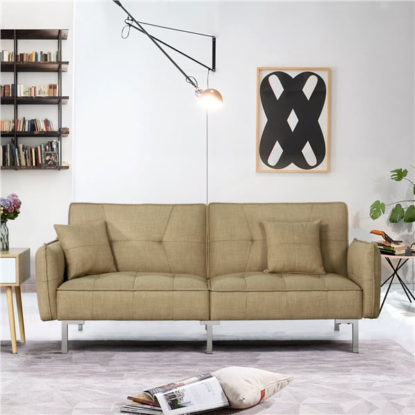 Yaheetech 3 Seater Sofa Bed Fabric Sofa Couches Adjustable Backrest Sofa Bed with Arms and 2 Cushions for Living Room/Bedroom Khaki