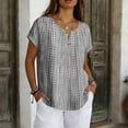 thumbnail image 2 of longantii Spring Tops for Women Dressy Cotton Linen Floral Tees Loose Fit V-Neck Short Sleeve Blouses Multi-Color Button Down Clothes Gray 2XL, 2 of 5